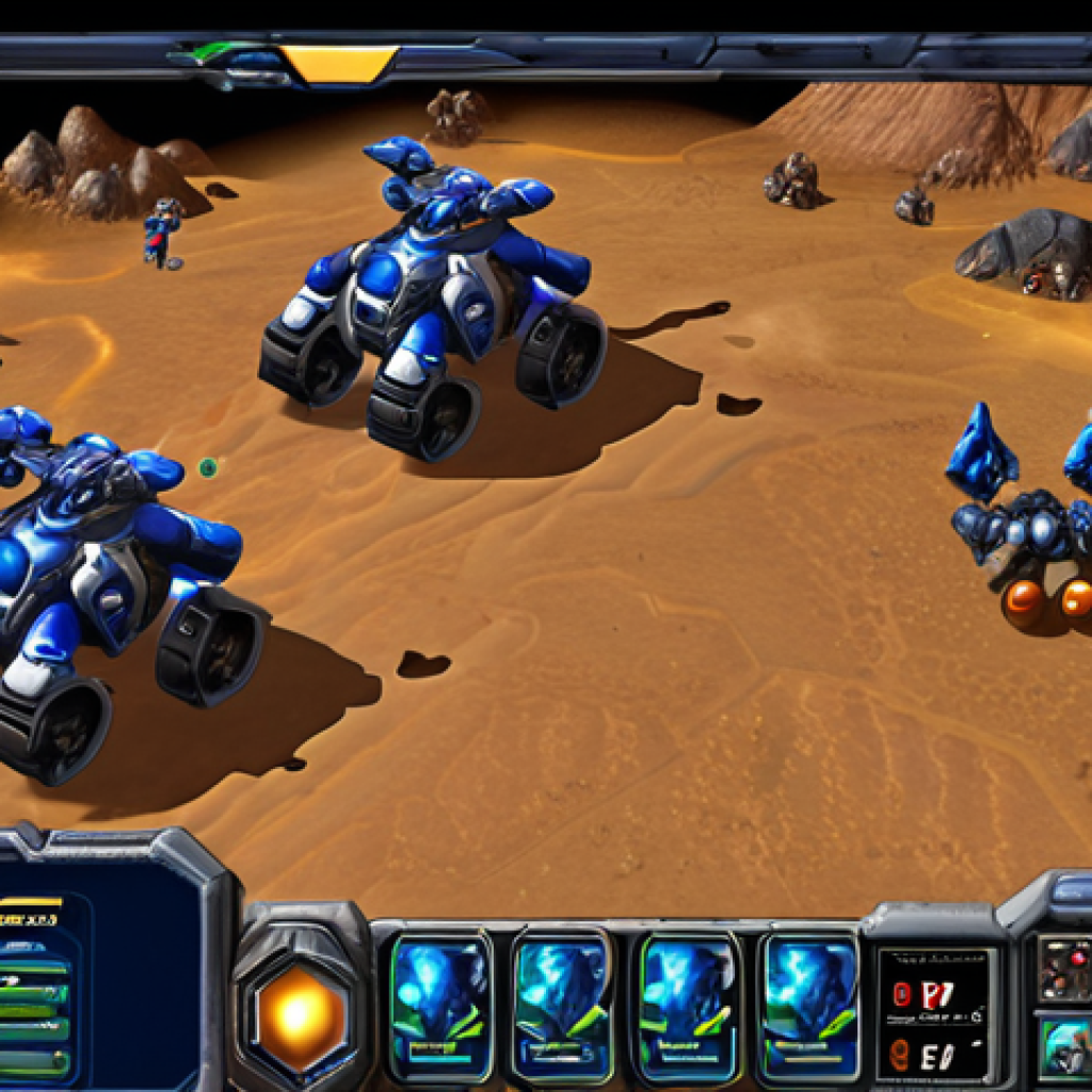 **Resource Management in StarCraft**: Create an illustration depicting a Terran player in the midst of a StarCraft match, focusing on managing resources like minerals and gas. Show the player actively gathering resources with workers and balancing their resource levels, with a HUD displaying resource counts.