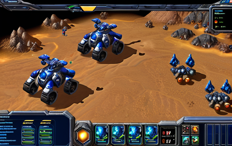**Resource Management in StarCraft**: Create an illustration depicting a Terran player in the midst of a StarCraft match, focusing on managing resources like minerals and gas. Show the player actively gathering resources with workers and balancing their resource levels, with a HUD displaying resource counts.
